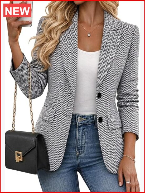 Jackets & Blazers - Herringbone Tweed Blazer - Open Front Fully Lined Long Sleeve Work Office